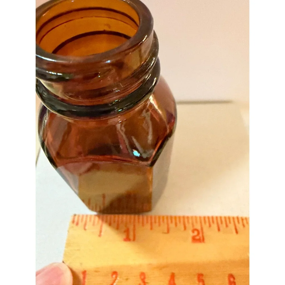 Vintage Amber Glass Apothecary Bottle Hexagonal Medicine Jar Brown 3.25 Inch